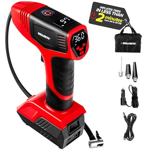 BULLSEYE PRO Tire Inflator with Pressure Gauge, Compact and Portable, Automatic Shut Off, 150 PSI Max, USB Home Rechargeable and Cord for Vehicular Use As Seen On TV (9475)