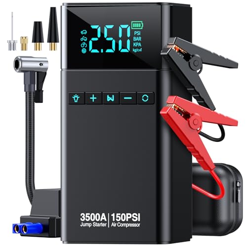 CZKBG Portable Car Jump Starter with Air Compressor, 3500A 150PSI Car Battery Jump Starter Battery Pack (All Gas/10L Diesel), 12V Car Jump Box Car Battery Jumper Starter, Large LCD Display, 2 Lights