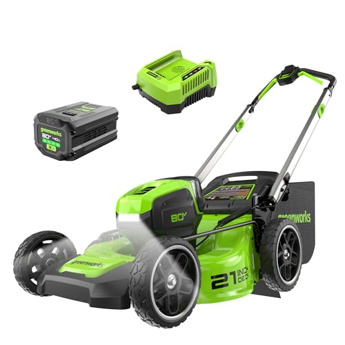 Greenworks 80V 21" Brushless Cordless (Push) Lawn Mower (LED Headlight + Aluminum Handles), 4.0Ah Battery and Rapid Charger Included (75+ Compatible Tools)