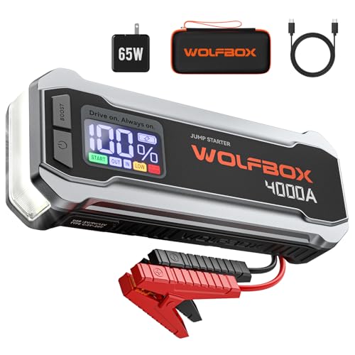 WOLFBOX 4000A Jump Starter,12V Car Battery Jump Starter with 65W Quick Charger,LED Display,24000mAh Portable Jump Starter Battery Pack(10L Gas 10L Diesel Engine) with Booster,LED Light,Jumper Cables