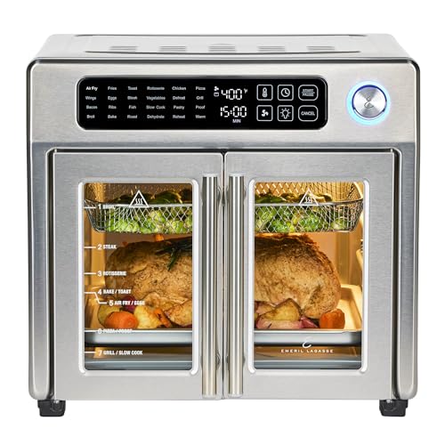 Emeril Lagasse Extra Large French Door Air Fryer Toaster Oven Combo, 25 Cooking Functions and Digital Controls, 7 Accessories Included, Stainless Steel Finish, 26QT Capacity