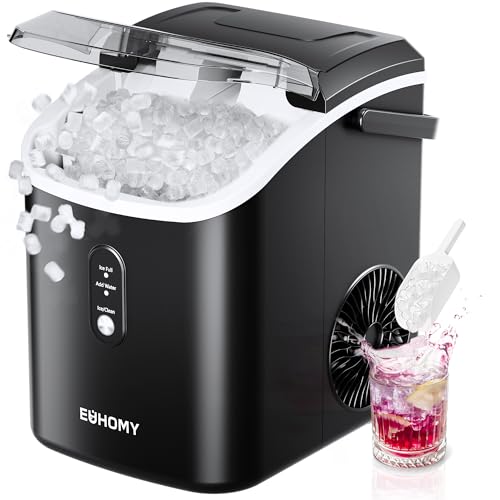 EUHOMY Nugget Ice Maker Countertop with Handle, Ready in 6 Mins, 34lbs Per Day, Removable Top Cover, Auto-Cleaning, Portable Sonic Ice Maker with Basket and Scoop, for Home/Party/RV/Camping (Black)