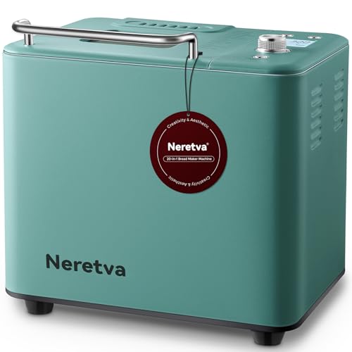 Neretva 20-IN-1 Bread Maker, Dual Heater 2LB Bread Machine All Metal&Nonstick Ceramic Pan Bread Maker Machines Compact for Gluten Free/Dough Maker/Dried Meat Floss/Jam/Yogurt, Breadmaker Recipe-Green