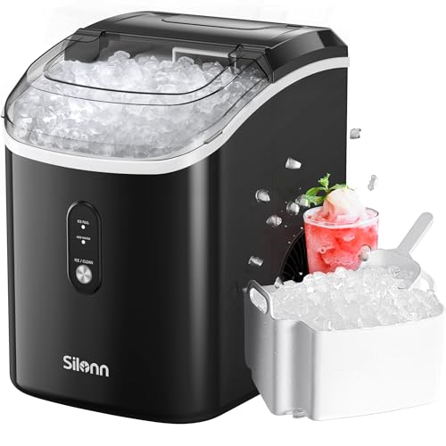 Nugget Ice Maker Countertop, Silonn Chewable Pellet Ice Machine with Self-Cleanin Function, 33lbs/24H Portable Ice Makers for Home Kitchen Officce, Black