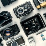 Flat lay of various vintage cameras showcasing classic design and retro charm.