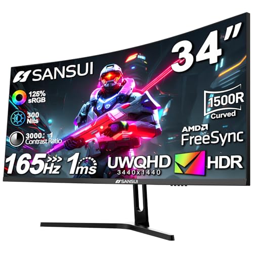 SANSUI 34-Inch Curved Gaming Monitor UWQHD 3440 x 1440 165Hz Curved 1500R - PIP/PBP, 1ms(MPRT), HDR, 300nits, sRGB 125%, DCI-P3 95%,FreeSync,HDMI x2,DP1.4 x2 (ES-G34C5 DP Cable Included)